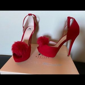 Red Open Toe Pumps with Pom-Pom on front !